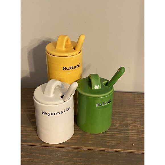 Pottery Barn 9 pc Ceramic BBQ Condiment Jars Spoons Mayonnaisemustard Relish - Picture 2 of 7